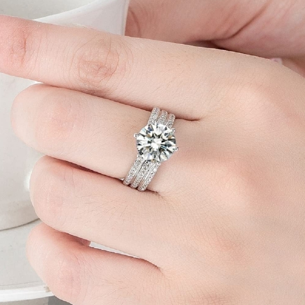 SILVER 2.50ct CZ Stone Diamond Ring Stacked Multilayered - Picture 4 of 5